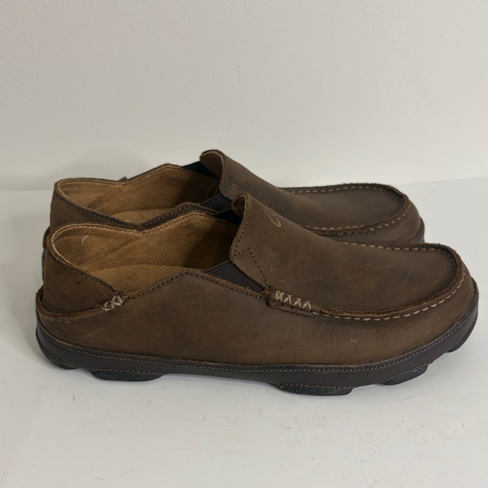 Olukai Moloa Shoes Mens 8.5 Brown Leather Slip On Loafer Waxed Nubuck Comfy